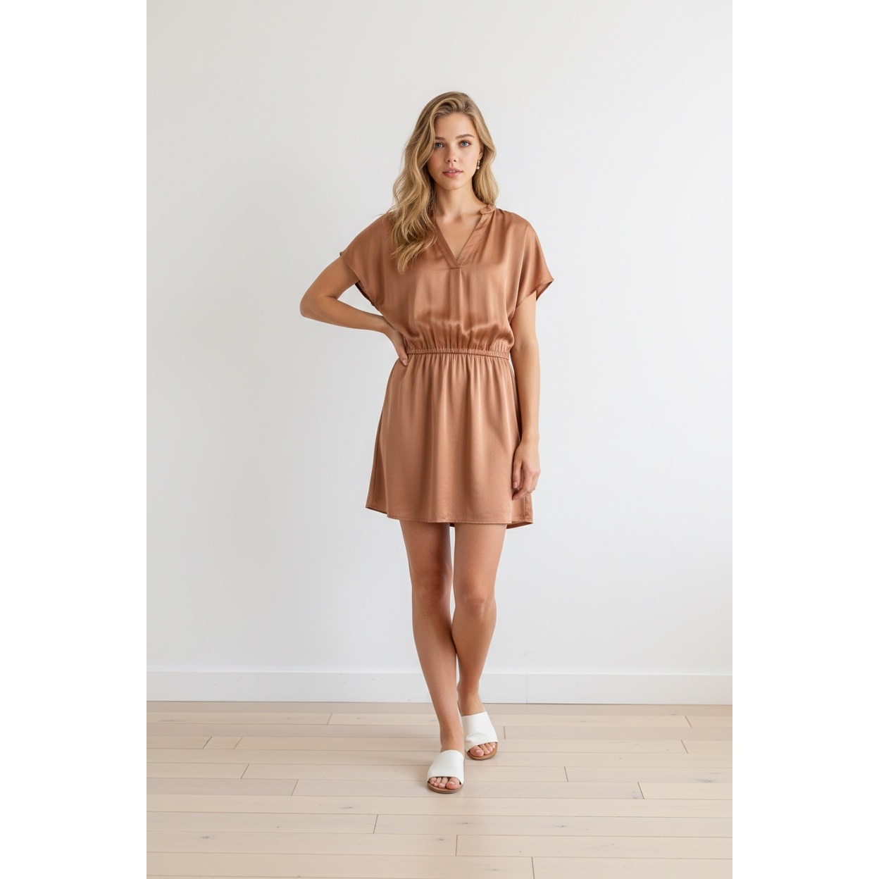 Hm Womens Mini Dress Copper Bronze V-Neck Elastic Waist Size 4 Short Sleeve